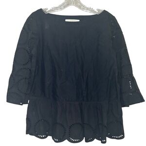 LOFT Women Black Eyelet Peplum Blouse 3/4 Sleeve Scallop Top XS office boho